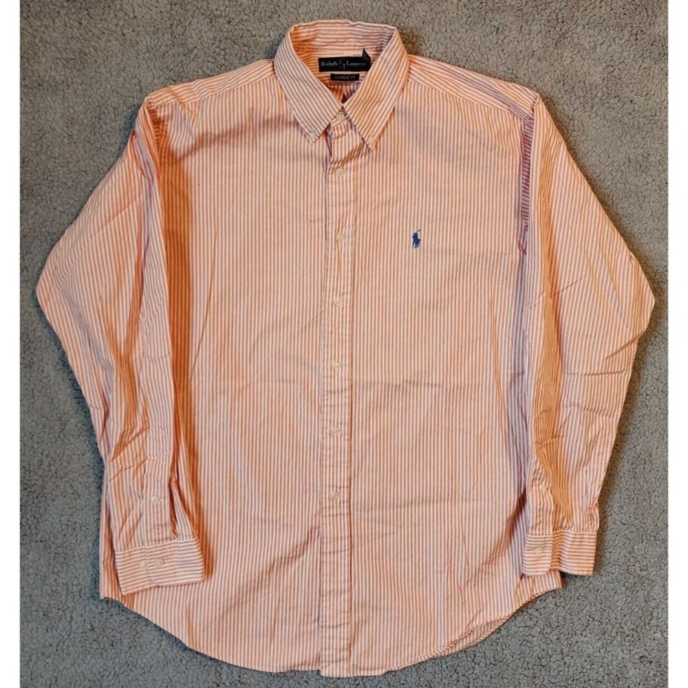 Ralph Lauren Orange White Striped Classic Fit Button Down LS Shirt Size 16 L